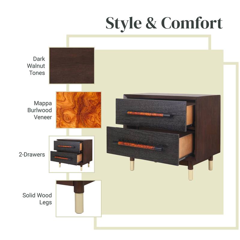 NPD Furniture Callan Nightstand / Side Table 2 Drawers, Dark Walnut