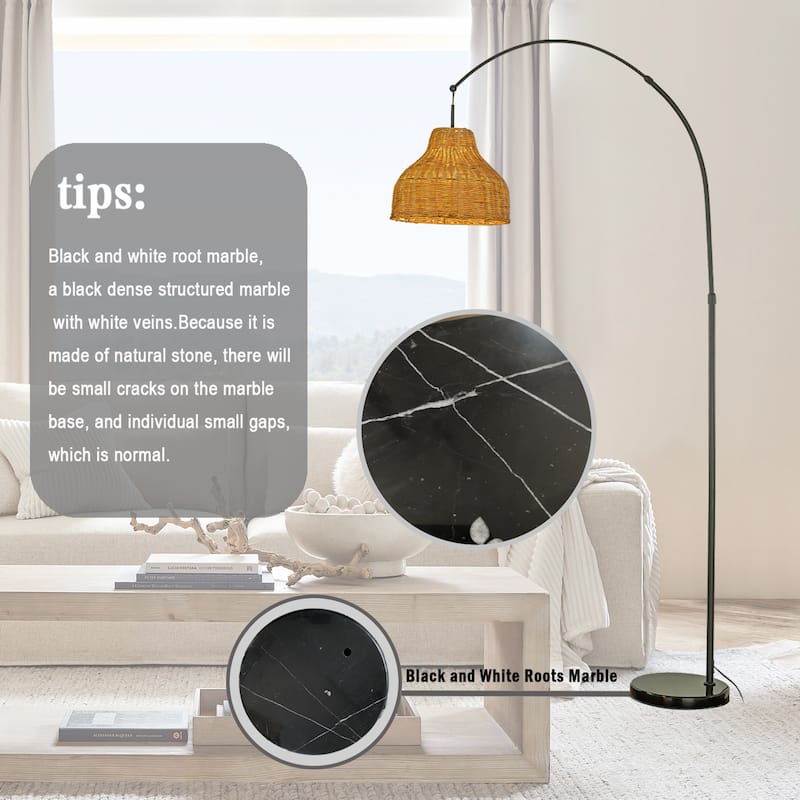 75" 1-Light Arc Floor Lamp with Brown Rattan Shade and Marble Base
