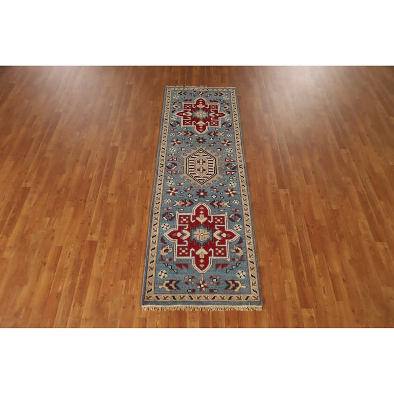 Light Blue Heriz Serapi Indian Runner Rug Hand-Knotted Wool Carpet - 2'7" x 7'11"