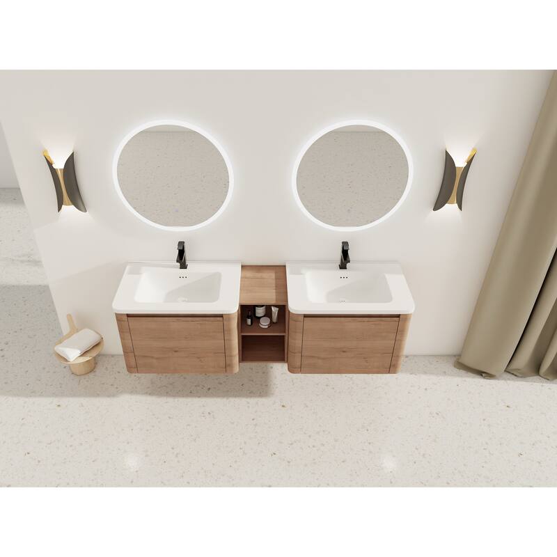 68'' Wall-Mounted Bathroom Vanity with White Ceramic Sink and Storage Shelves & 1-Soft-Close Door, KD-Packing, Plywood