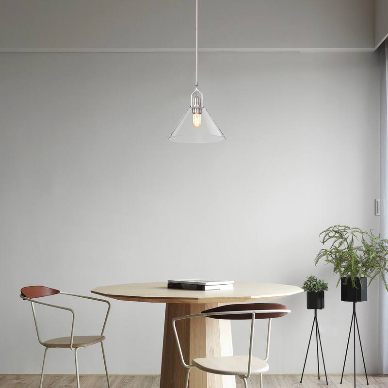 Brushed Nickel 1-Light 12 in. Modern Pendant with Clear Cone Glass Shade - Brushed Nickel
