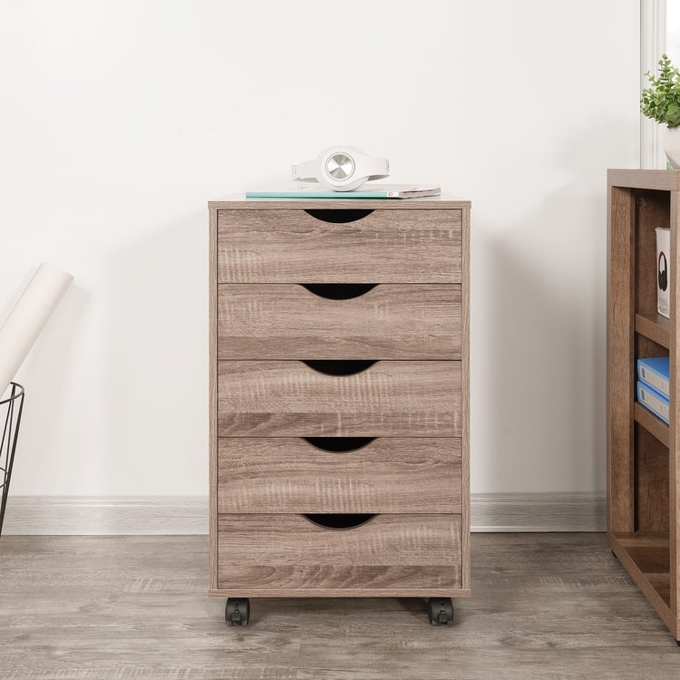 5 Drawers Chest, Wood Storage Dresser with Wheels, Craft Storage Organizer and Storage Drawer Office Drawer Unit