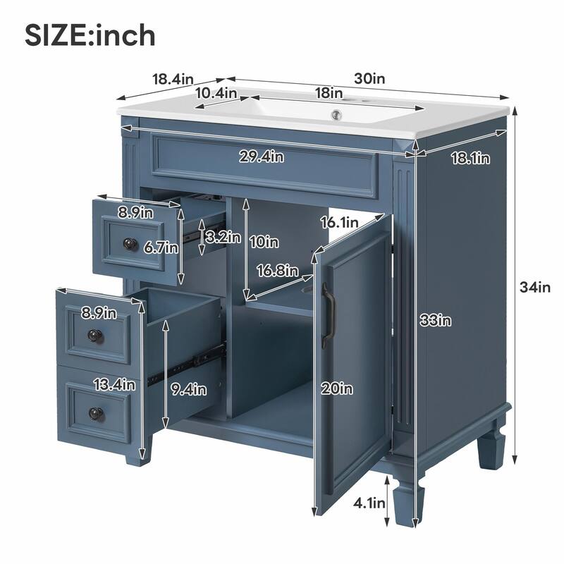 30" Bathroom Vanity with Ceramic Sink - Compact Bathroom Sink Cabinet