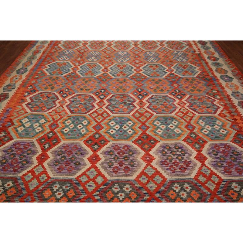 Geometric Kilim Large Rug Hand-Woven Wool Carpet - 10'4" x 16'1"