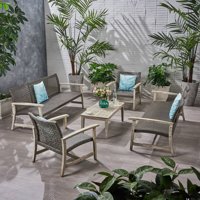 Hampton Outdoor 5-piece Wood and Wicker Sofa Chat Set by Christopher Knight Home