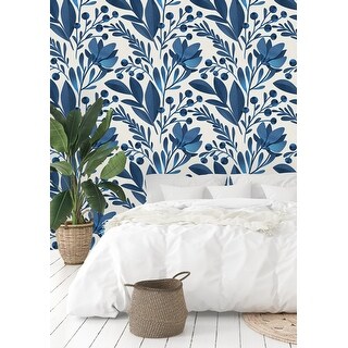 Peel-and-Stick Removable Wallpaper Blue Watercolor Floral Abstract Branch Leaves Peel-and-Stick Removable Wallpaper Blue Watercolor Floral Abstract Branch Leaves