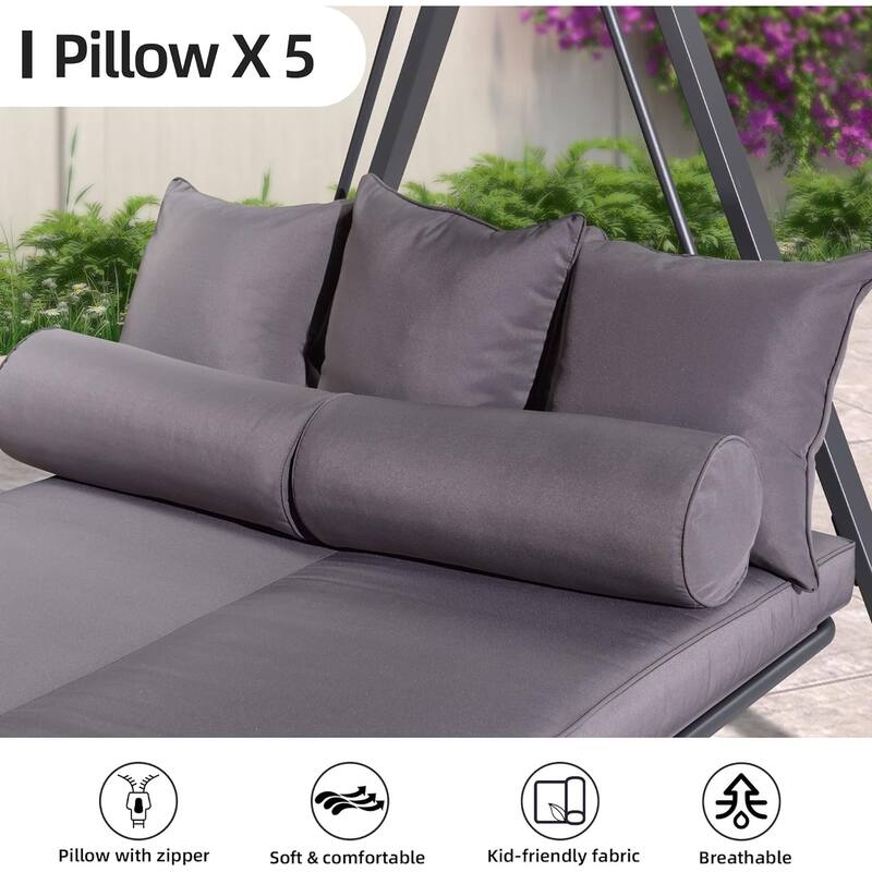 PURPLE LEAF 3-seat Outdoor Patio Porch Swing Adjustable Backrest, Cushions and Pillow Included