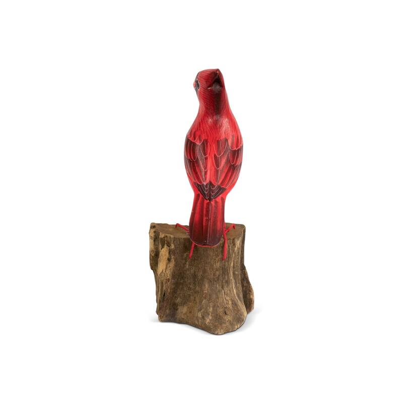 Wood Cardinal Bird Figurine - Hand Carved Red Songbird Sculpture, Rustic Wildlife Decor - 7.5" tall x 3.5" wide x 3" deep