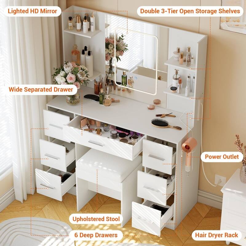 Vanity Desk with LED Lighted Mirror and Stool, 7 Drawers, 6 Open Shelves