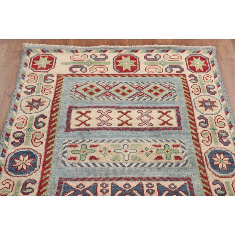 Light Blue Kazak Runner Rug Hand-Knotted Geometric Wool Carpet - 3'4" x 16'0"