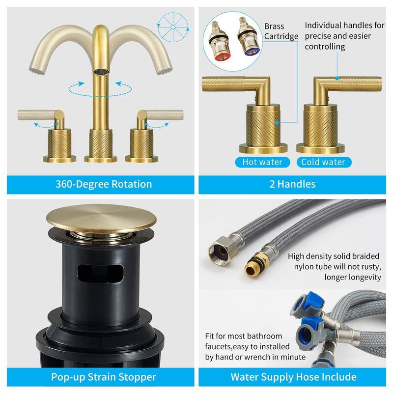 2 Handle 360 Degree Swivel Bathroom Vanity Sink Faucet with Pop Up Drain and Water Supply Hose, Rust Proof, Anti Fingerprint