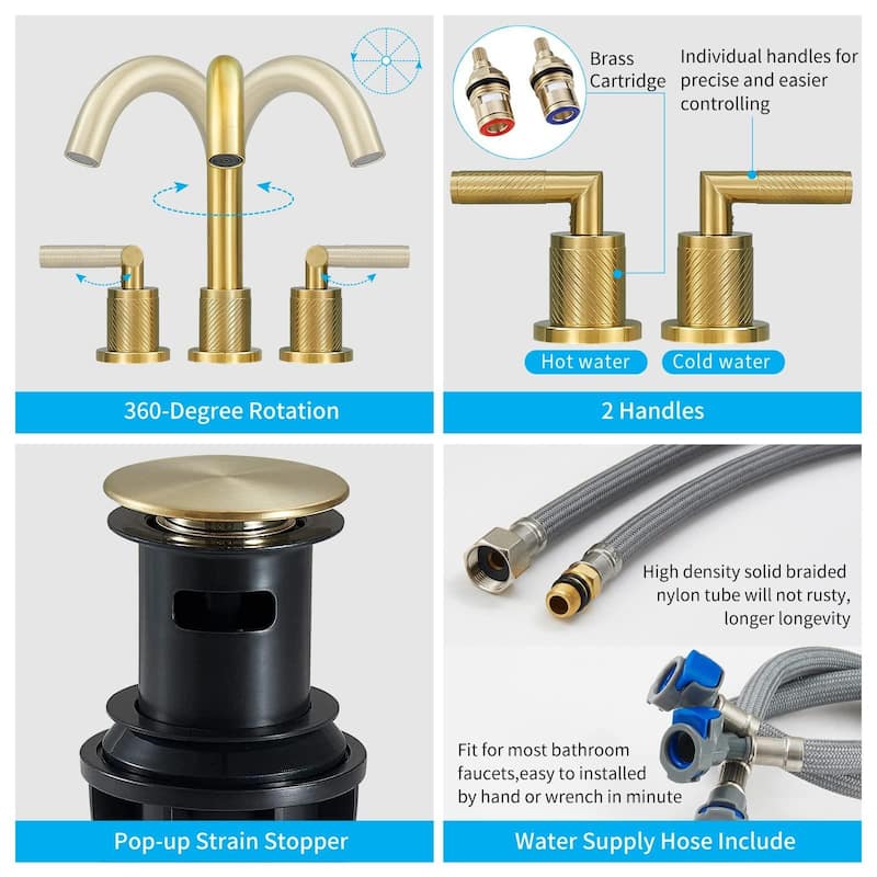 Bathroom Faucet 2 Handle 8 Inch Bathroom Sink Faucets Stainless Steel 3 Hole Widespread with Pop Up Drain and Water Supply Hoses