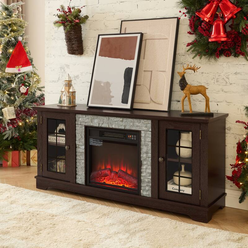 GDFStudio Eulalia Wood 2-Door Storage TV Stand with Faux Stone Mantle
