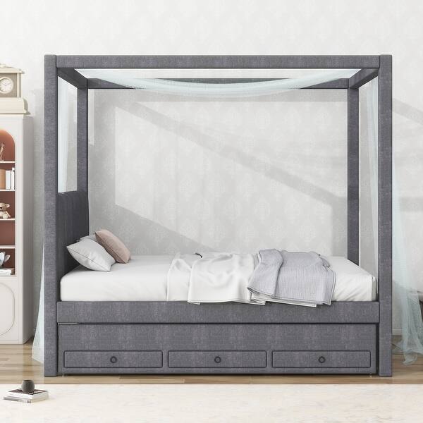 slide 2 of 24, Full Size Upholstery Wood Platform Bed with Trundle,Canopy Bed with Drawers Gray
