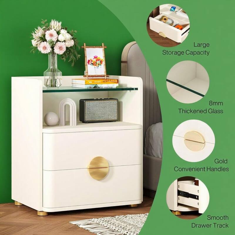 White MDF Glass Nightstand with Gold Metal Legs and Storage Drawers