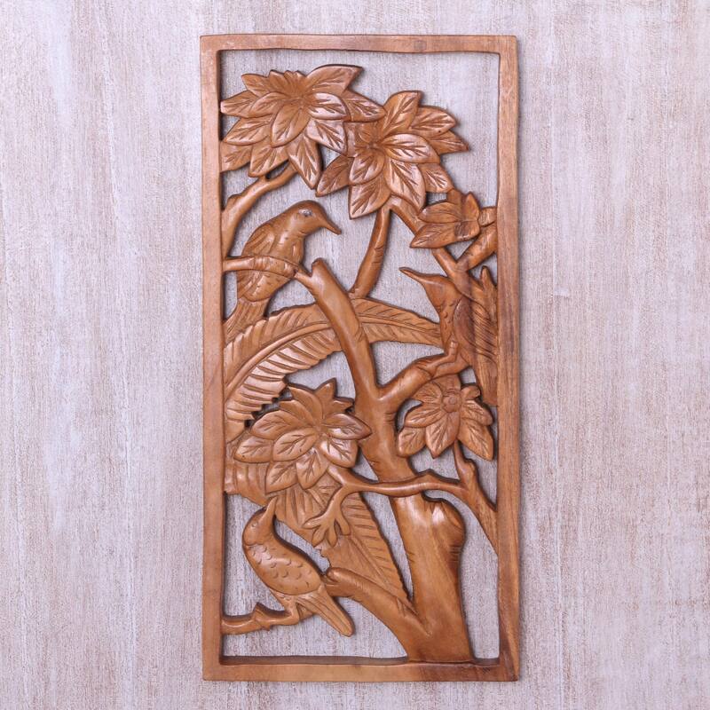 Novica Handmade Songbird Friends Wood Relief Panel
