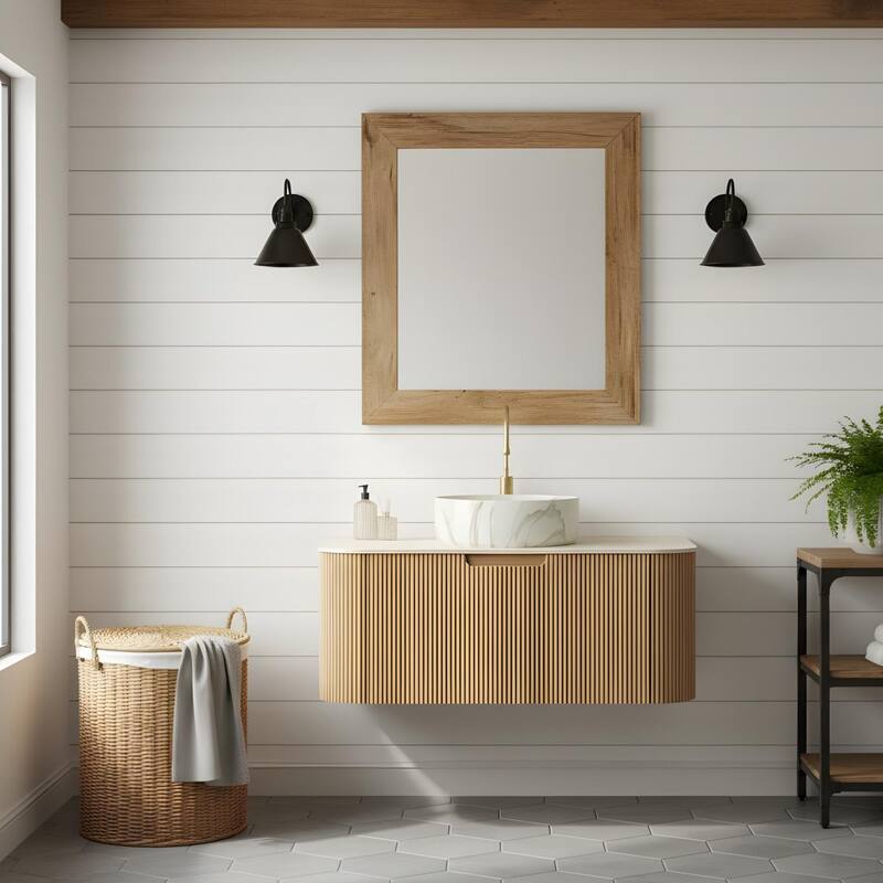 Floating Bathroom with Round Ceramic Basin and Storage Drawer