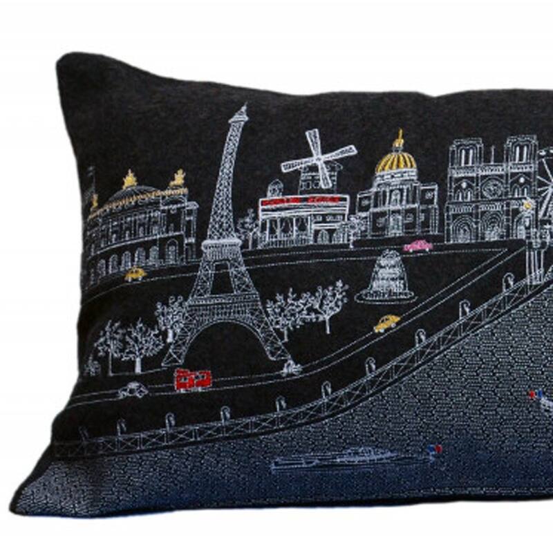 HomeRoots 35" Black Paris Nighttime Skyline Standard Lumbar Decorative Pillow