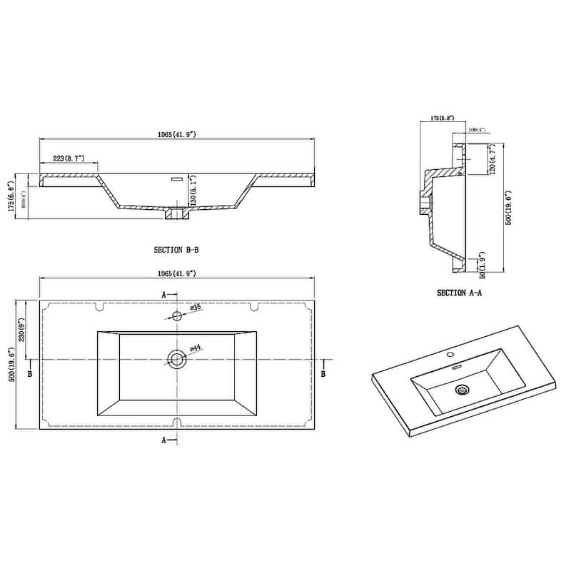 Noble 42" Wall Mounting Vanity (L Drawer) with Reinforced Acrylic Sink
