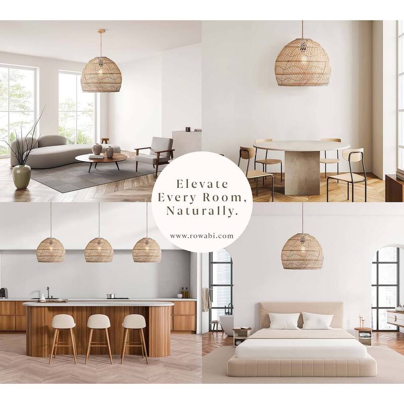 Santana Brown Rattan Pendant Light – Large Handwoven Ceiling Light Fixture for Living Room, Kitchen in Boho & Coastal Style - 24" - 180" Plug-in Black - Organic Light Brown