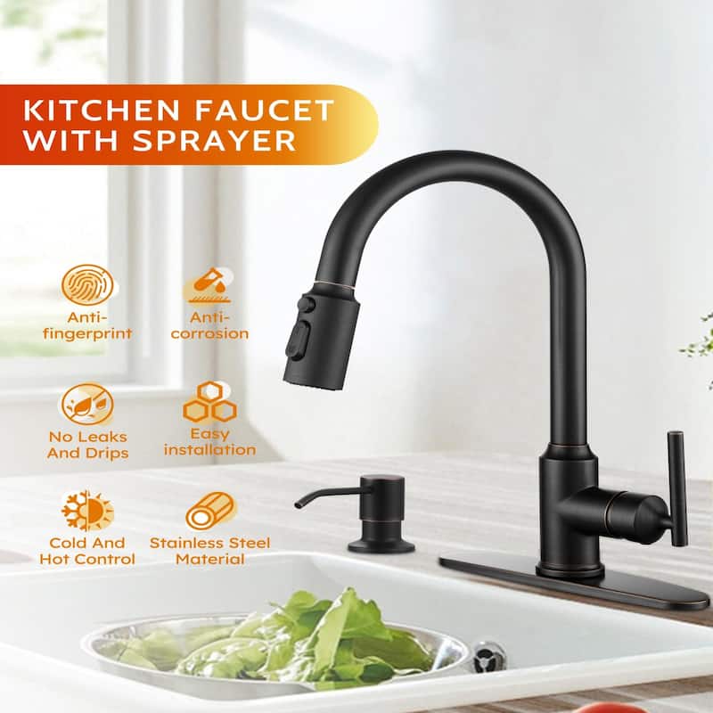 WOWOW Pull Down Sprayer Kitchen Faucet with Soap Dispenser