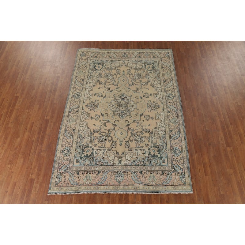 Peach Tabriz Vintage Persian Area Rug Hand-Knotted Wool Carpet - 6'8" x 9'8"