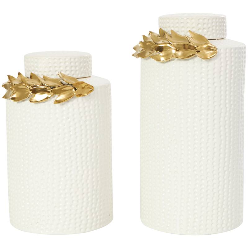 White Ceramic Living Room Decorative Jars with Abstract Spotted Pattern and Gold Leaf Accents (Set of 2)
