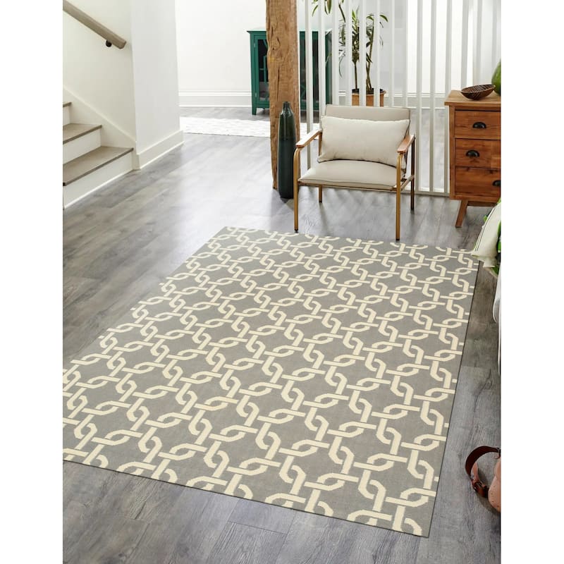 Handwoven Wool Gray Transitional Geometric Links Dhurrie Rug - 7'9" x 9'9"