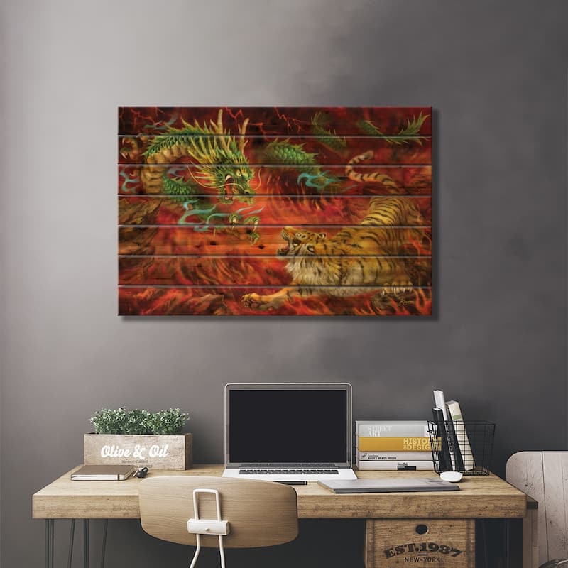 Dragon Vs Tiger On Fire Print On Wood by Kayomi Harai - Multi-Color