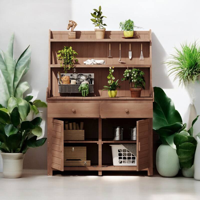 65" Garden Potting Bench Table with Storage Shelves, Drawers, and Cabinet – Fir Outdoor Planting Station with Storage Shelves