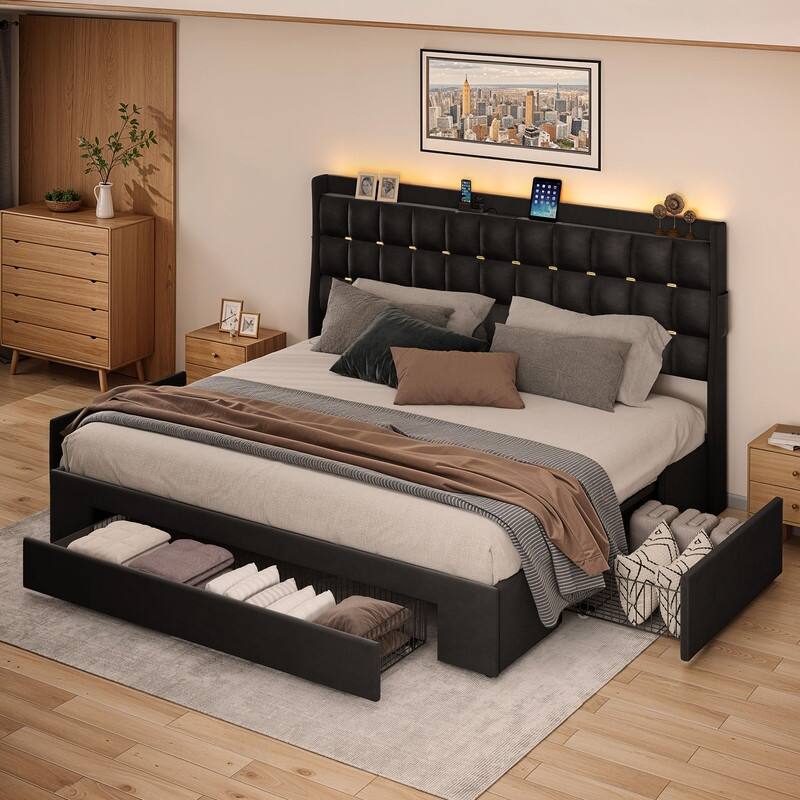 Moasis Queen/King Size Velvet Upholstered Bed with Charging Station and Storage Drawers