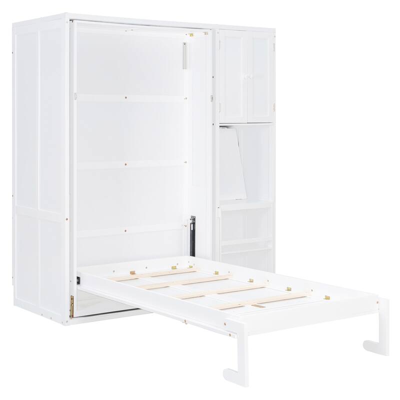 Twin Size Rotating Murphy Wall Bed with Bookshelf, Top Cabinet, Modern Foldable Cabinet Bed with Extendable Desk, Side Storage