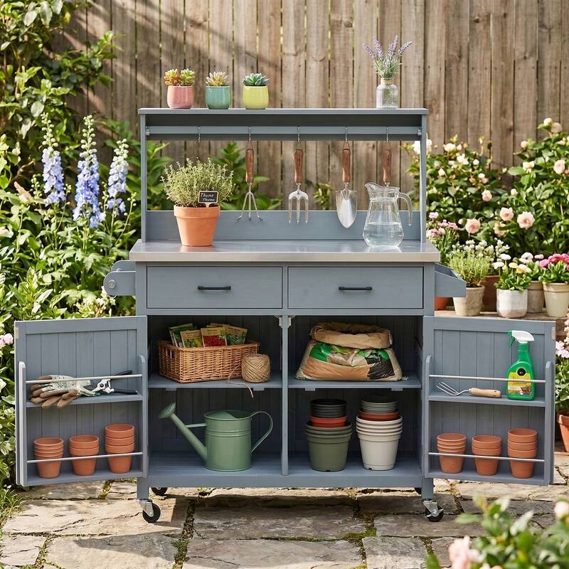 54.1" Outdoor Solid Wood Kitchen Island with Stainless Steel Top, High Shelf & Lockable Wheels