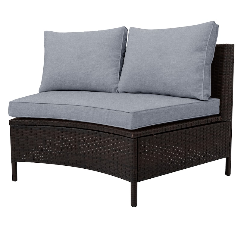 Roomfitters Outdoor Half Moon Curved Rattan Sofa Set, Modular Wicker Sectional Patio Furniture with Glass Coffee Table