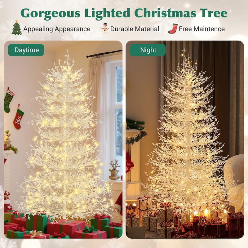 6FT Pre-lit Artificial Christmas Tree, Hinged Xmas Tree 623 Snow Flocked Branch Tips, 420 Warm Yellow LED Lights