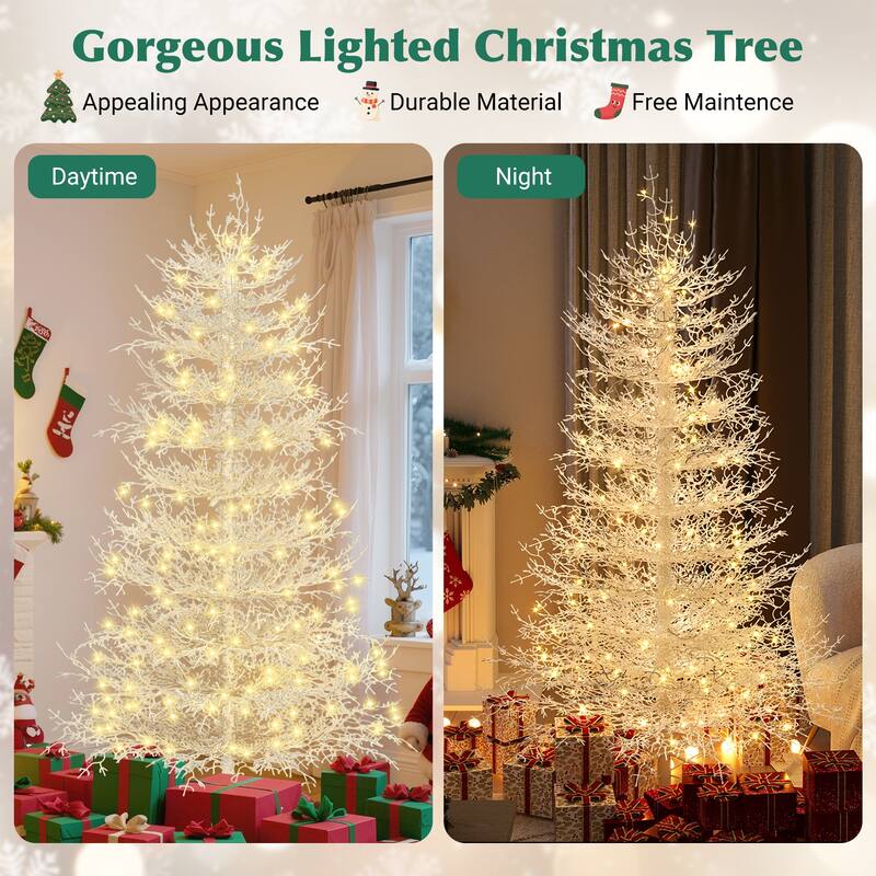 Roomfitters Pre-Lit Aspen Fir Christmas Tree 6FT/4FT, Hinged Snow-Flocked Artificial Holiday Tree with Warm Lights, White