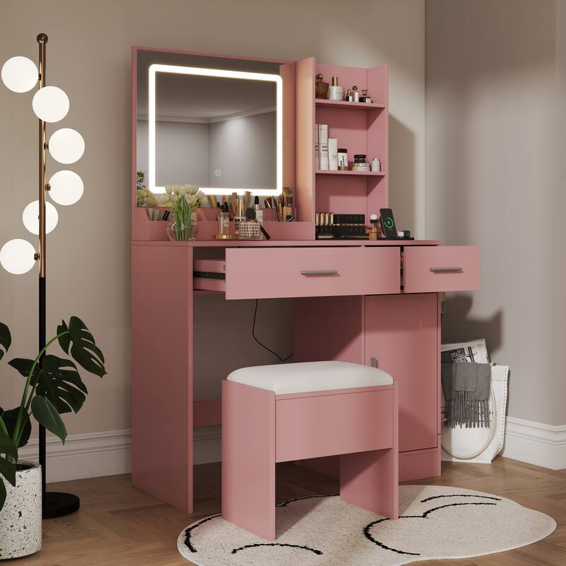 2-Piece Vanity Set with Upholstered Stool, Makeup Vanity Desk with LED Light Mirror and Charging Station