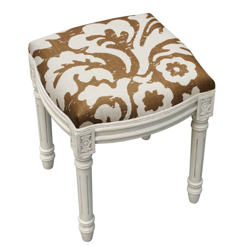 Jacobean Foam/Linen/Wood Floral Antique White Finished Vanity Stool