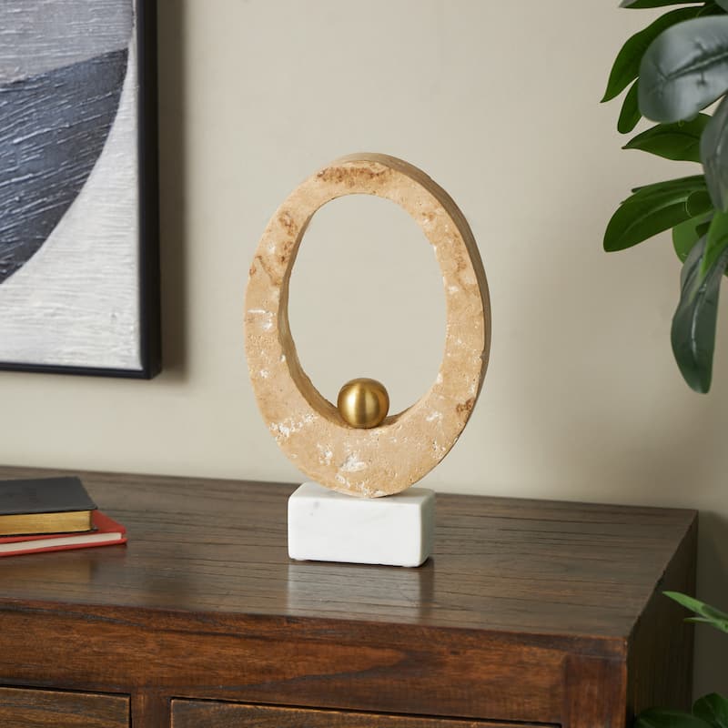 Cream Marble Oval Abstract Decorative Sculpture with Gold Ball and White Base