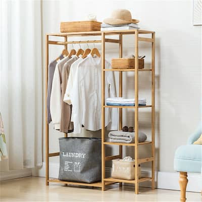 Free-standing Closet Garment Hanging Stand Bamboo Wood Rack - 35.4" x 11.8" x 57.7"