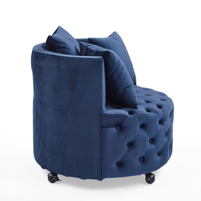 Blue Modern 30" Upholstered Swivel Button Tufted Accent Chair with Movable Wheels and 3 Pillows