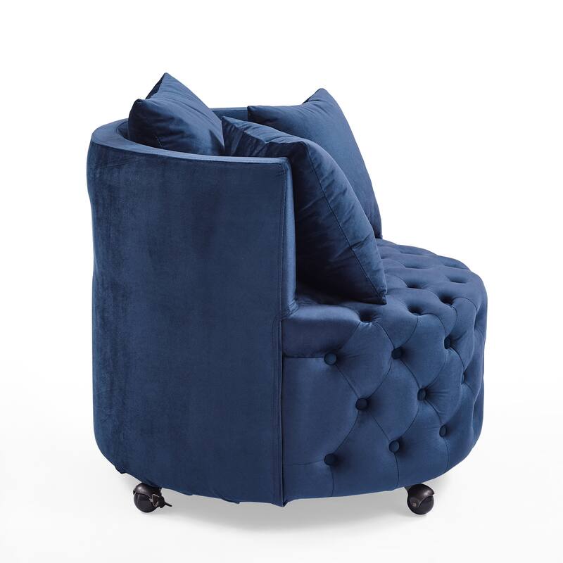 Roomfitters Velvet Swivel Chair with Tufted Button Design, Round Accent Chair with 3 Pillows and Wheels, Lounge Seating