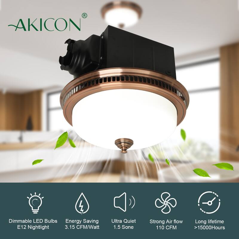 Ultra Quiet Bathroom Exhaust Fan with LED Light and Nightlight 110CFM 1.5 Sone with Round Frosted Glass Cover
