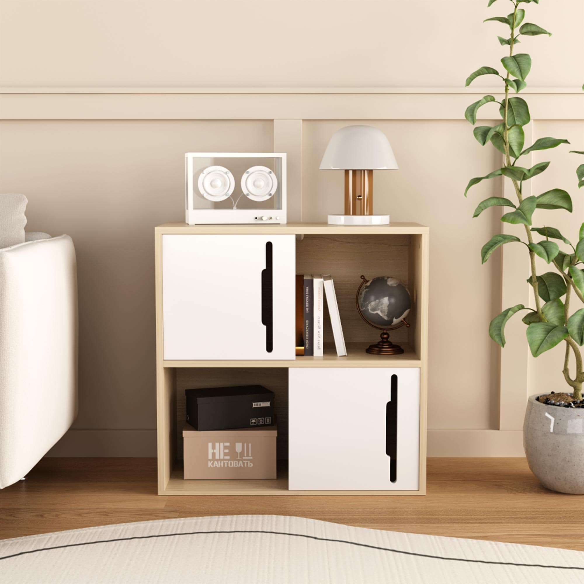 Modern Wooden Storage Cabinet with Sliding Doors,2-Tier Open and Closed Shelves Organizer,Natural Wood Finish