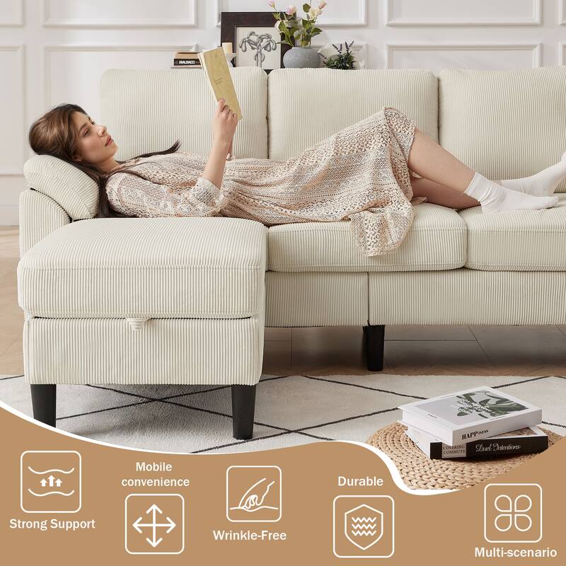 79.72" Corduroy 3 Pieces Living Room Sets Including Sectional Sofa with Storage Ottoman and Armchair Set