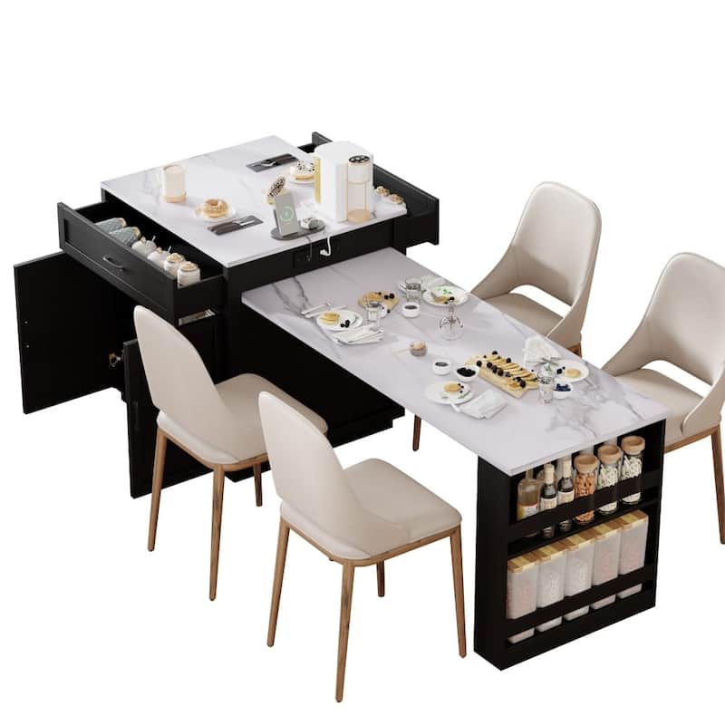 82.7" Wooden 4-6 Person Kitchen Island with Extendable Dining Table and Double-sized Storage