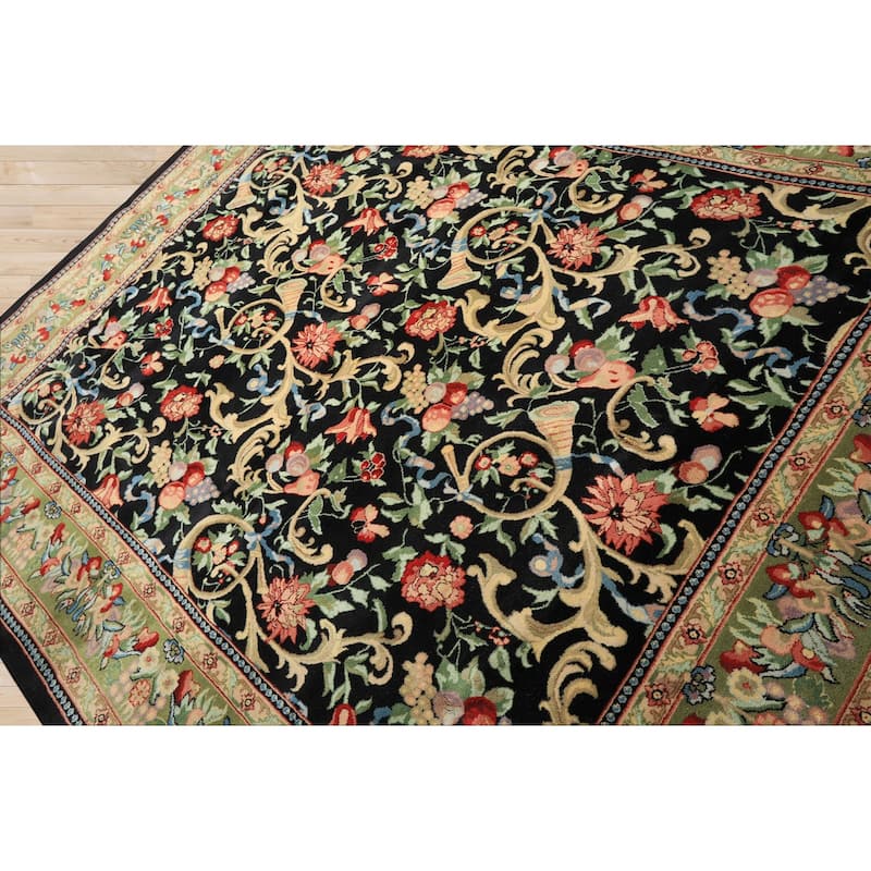 7'10''x9'10'' Hand Knotted Wool Black French Aubusson Savonnerie Asmara Rug - 7' 10'' x 9' 10''