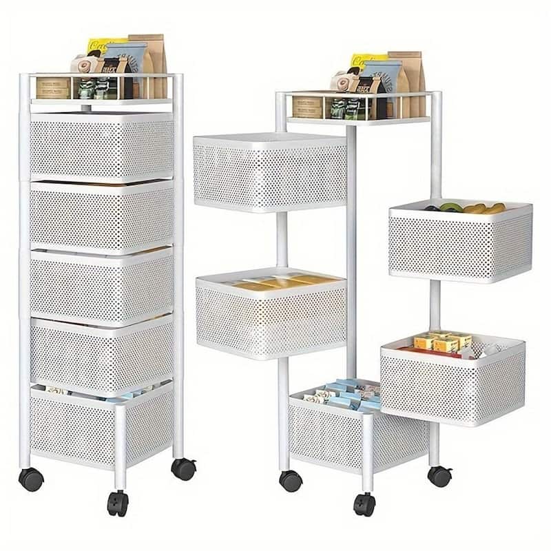 5-Tier Rotating Storage Shelf, Square Metal Kitchen Cart with Wheels - White