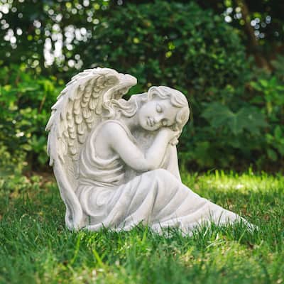 Glitzhome MGO Angel Garden Statue with a Birdbath Sleeping Angel Sculpture