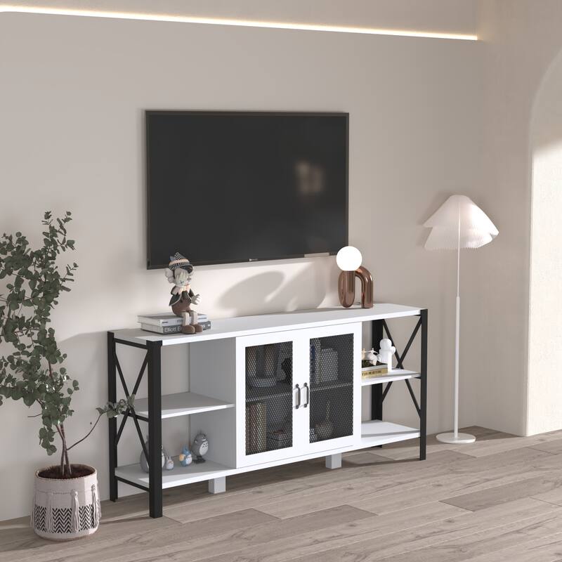 Industrial TV Stand for Living Room, Farmhouse TV Stand 80 Inch Television Stand, Horizontal Wood and Metal Open Bookshelf